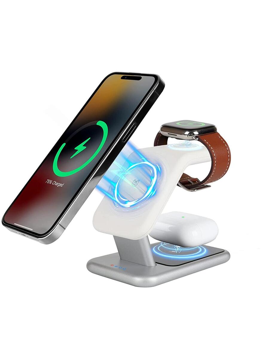 Magsafe 3合1 無線充電器，適用於蘋果14/13手錶、Airpods Pro3耳機和iPhone12充電座，具有磁性快速充電功能 - 白色 - 查看 1