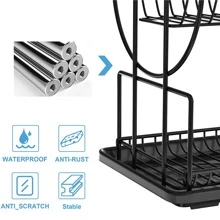 2 Tier Stainless Steel Dish Drying Rack, Black Color, With Cutlery Holder & Drip Tray - Black - View 2