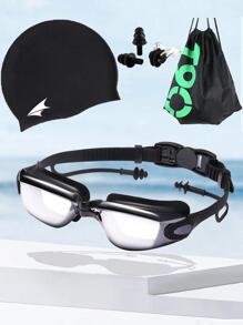 5入組/套電鍍游泳,泳帽,游泳包,耳塞,和鼻夾 - 黑色 - 查看 1