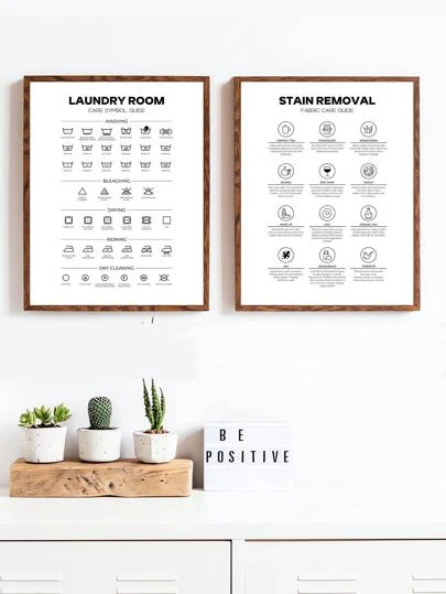 2pcs/Set Laundry Care Instruction Canvas Prints, Modern Minimalist Stain Removal Signs Artwork, Washing, Bleaching, Drying, Ironing, Dry Cleaning Symbols Poster, Home Laundry Room Decor,Wall Art Gifts Birthday Graduation