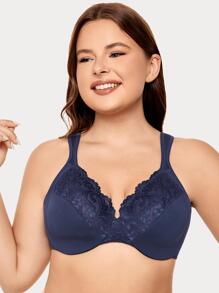 Plus Contrast Lace Comfort Strap Underwire Bra - Blue - View 4