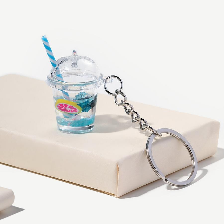 1pc Cute Fruit Mini Milk Tea Cup Keychain Pendant For Summer, Lemon Grape Women's Bag Accessory, Car Hanging Decoration, Unisex Gift, Versatile Key Ring - Blue - View 1