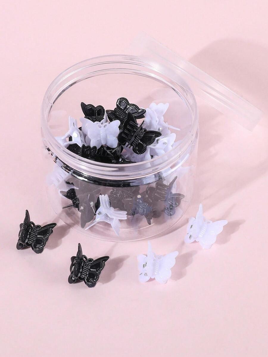 30入組女孩隨機色蝴蝶設計時尚髮爪適用於頭髮裝飾用品 - 黑與白 - 查看 1