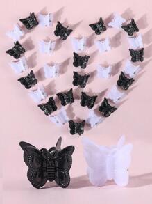 30入組女孩隨機色蝴蝶設計時尚髮爪適用於頭髮裝飾用品 - 黑與白 - 查看 2