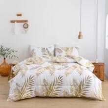Green Gold Leaf Comforter Set Queen Size,3 Pieces Bedding Set with Tropical Botanical Leaves Printed on White,Soft Lightweight Microfiber Garden - White - View 1
