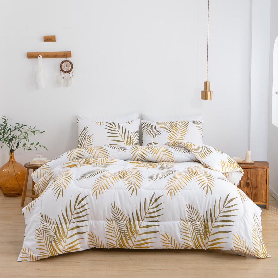 Green Gold Leaf Comforter Set Queen Size,3 Pieces Bedding Set with Tropical Botanical Leaves Printed on White,Soft Lightweight Microfiber Garden - White - View 1