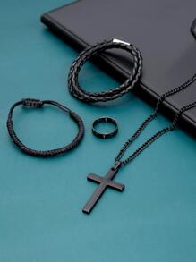 4入組時尚簡約黑色掛墜項鍊，可調節編織繩和PU繩，十字空心環，男士日常穿搭佳品 - 黑色 - 查看 2