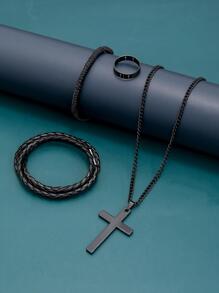 4入組時尚簡約黑色掛墜項鍊，可調節編織繩和PU繩，十字空心環，男士日常穿搭佳品 - 黑色 - 查看 1