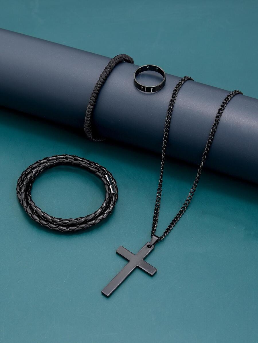 4入組時尚簡約黑色掛墜項鍊，可調節編織繩和PU繩，十字空心環，男士日常穿搭佳品 - 黑色 - 查看 1