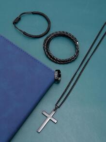 4入組時尚簡約黑色掛墜項鍊，可調節編織繩和PU繩，十字空心環，男士日常穿搭佳品 - 黑色 - 查看 3