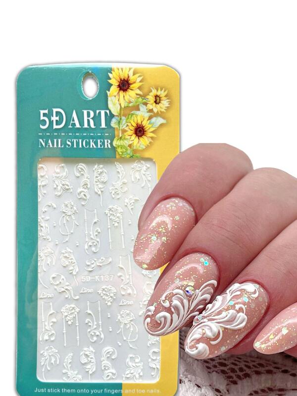 White Flowers Nail Stickers, 1sheet 5D White Lace Wedding Design Simple