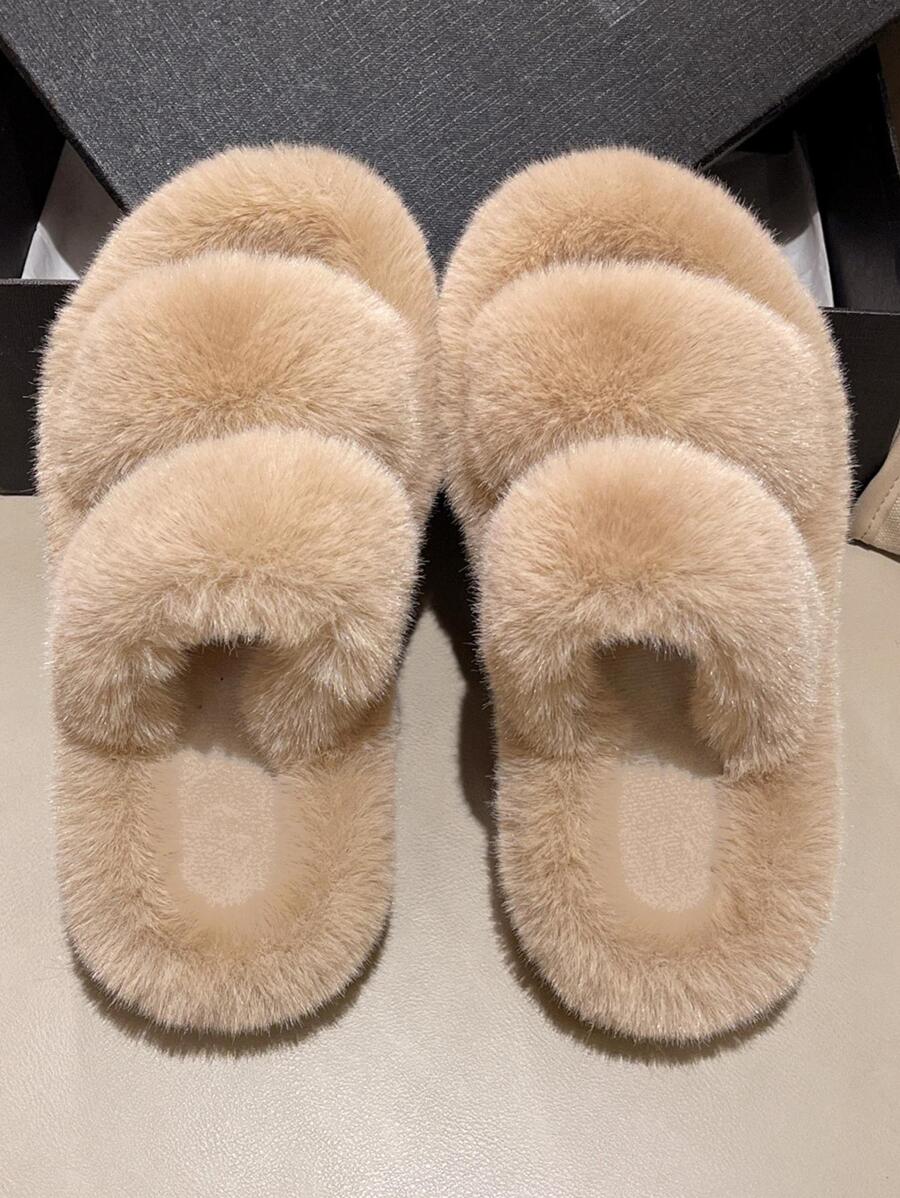 女性毛茸茸裝飾雙帶可愛室內拖鞋 - 卡其色 - 查看 1