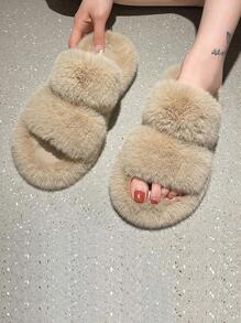 女性毛茸茸裝飾雙帶可愛室內拖鞋 - 卡其色 - 查看 2