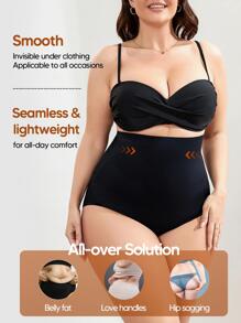Plus Size High Waisted Double Panel Sculpting Tummy Control Shapewear Panty - Black - View 6