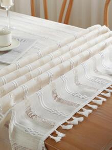 1pc Hollow Out Embroidered Striped Fringe Tablecloth For Decoration At Banquets, Weddings, Parties, Home Dining Table - Beige - View 2