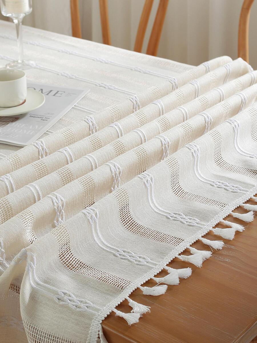 1pc Hollow Out Embroidered Striped Fringe Tablecloth For Decoration At Banquets, Weddings, Parties, Home Dining Table