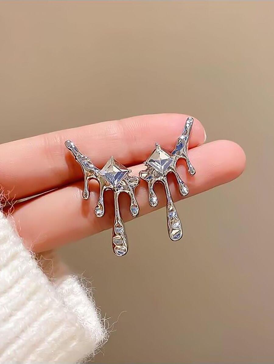 1 Đôi Kim Loại Dung Nham & Cắt Vuông Bông Tai Đính Đá Với Thiết Kế Hốc, Thời Trang & Cá Tính Cho Nữ - Bạc - Xem 1