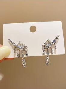 1 Đôi Kim Loại Dung Nham & Cắt Vuông Bông Tai Đính Đá Với Thiết Kế Hốc, Thời Trang & Cá Tính Cho Nữ - Bạc - Xem 4