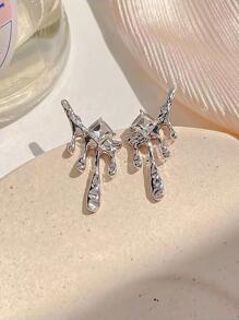 1 Đôi Kim Loại Dung Nham & Cắt Vuông Bông Tai Đính Đá Với Thiết Kế Hốc, Thời Trang & Cá Tính Cho Nữ - Bạc - Xem 3