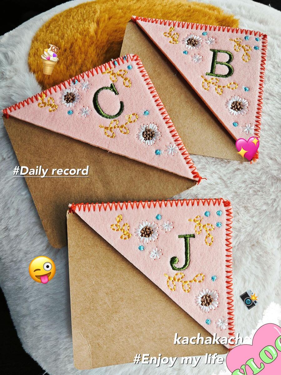 1入組花卉圖案和英語字母刺繡書簽 - 白色 - 查看 1