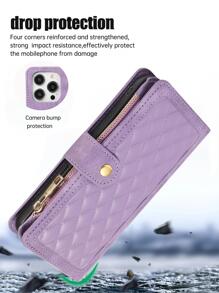 Ốp điện thoại bằng da màu đen, có khóa kéo, nhiều khe đựng thẻ, phối màu họa tiết kim cương, kèm quai xách tay, phiên bản quốc tế, không phải phiên bản nội địa. - Màu tím - Xem 5