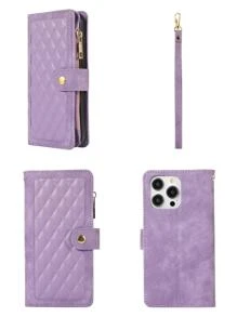 Ốp điện thoại bằng da màu đen, có khóa kéo, nhiều khe đựng thẻ, phối màu họa tiết kim cương, kèm quai xách tay, phiên bản quốc tế, không phải phiên bản nội địa. - Màu tím - Xem 9