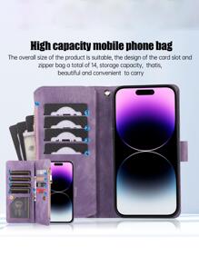 Ốp điện thoại bằng da màu đen, có khóa kéo, nhiều khe đựng thẻ, phối màu họa tiết kim cương, kèm quai xách tay, phiên bản quốc tế, không phải phiên bản nội địa. - Màu tím - Xem 6