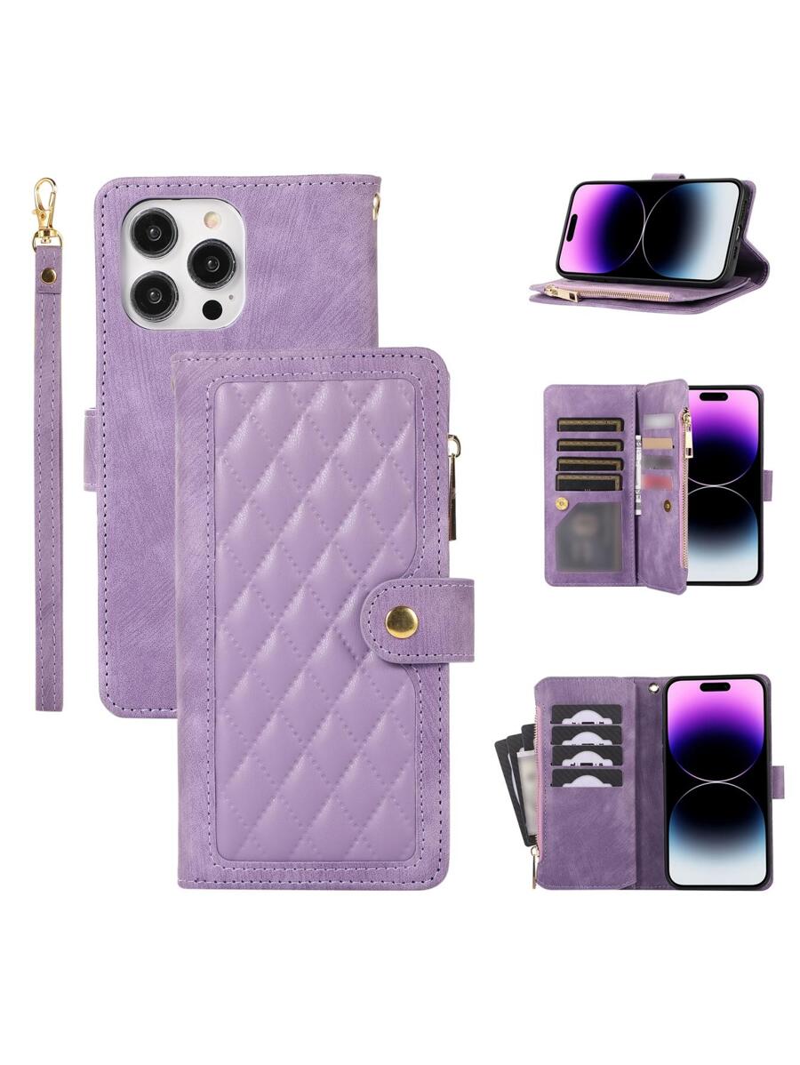 Ốp điện thoại bằng da màu đen, có khóa kéo, nhiều khe đựng thẻ, phối màu họa tiết kim cương, kèm quai xách tay, phiên bản quốc tế, không phải phiên bản nội địa. - Màu tím - Xem 1