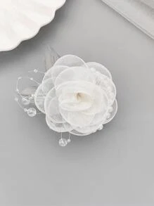1入組女士人造珍珠和花朵裝飾浪漫手腕胸花適合婚禮 - 白色 - 查看 2