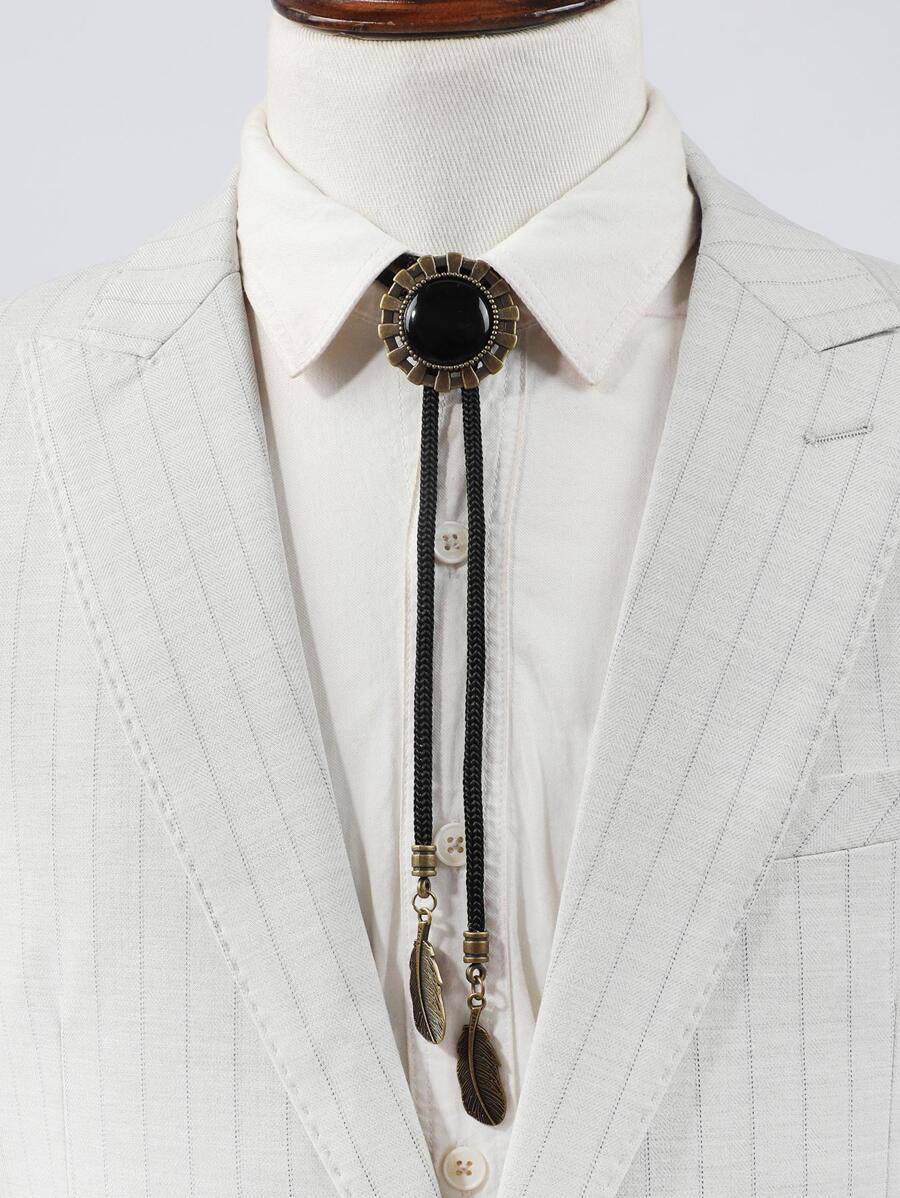 1pc Men's Retro Black Sapphire Feather Tassel Polka Dot Necktie, Suitable For Daily Wear - Black - View 1