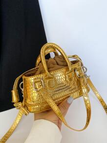 迷你金屬質感鱷魚壓紋手提包前衛風格 - 金色 - 查看 2