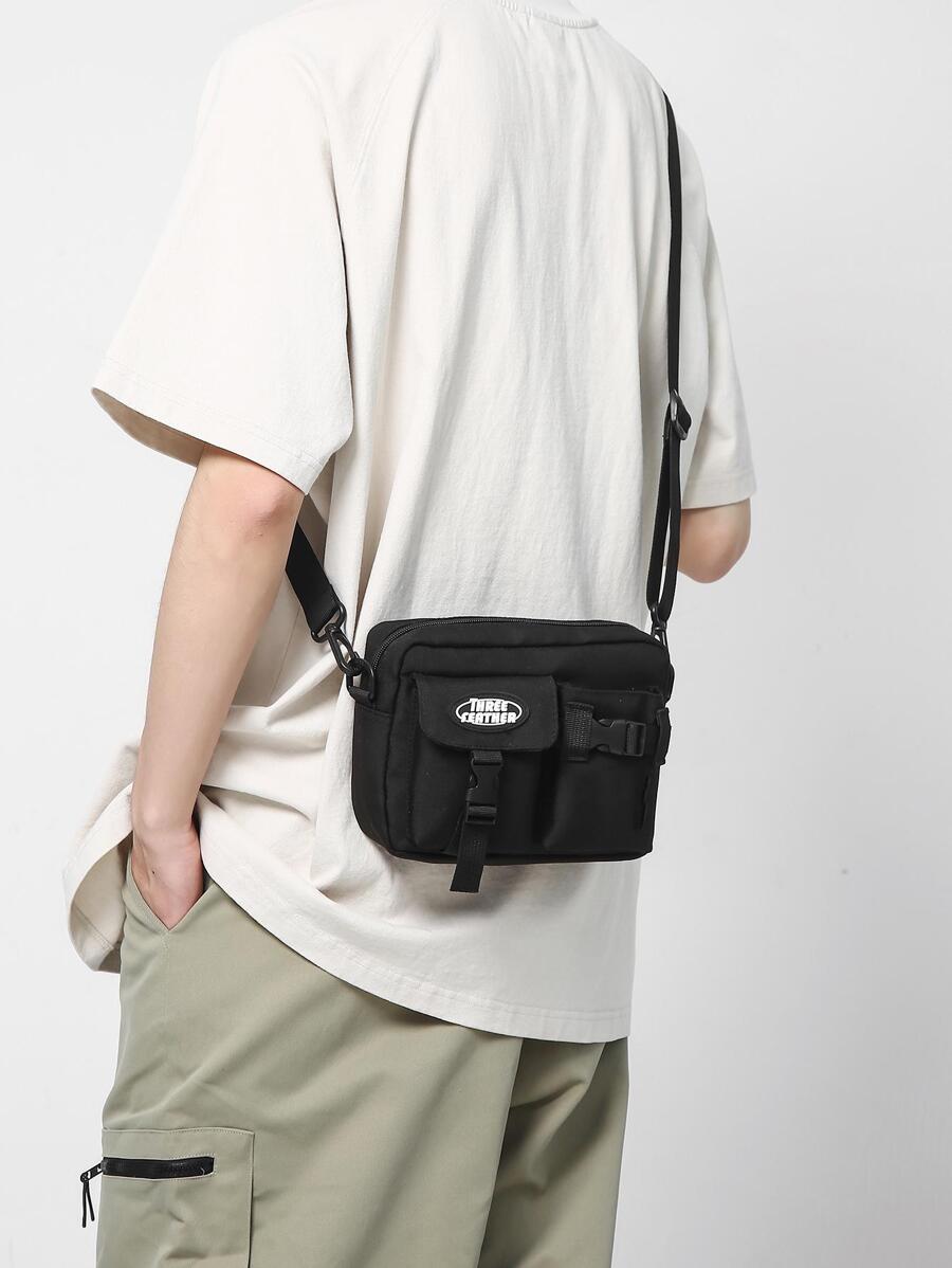 多功能轻便时尚男士黑色斜挎包单肩包单肩包休闲包学生新生侧包方形包节日旅行必备品夏季男友礼物大学包父亲节礼物爸爸返校多功能宿舍单肩包男士包斜挎包侧包学生秋季信使包老款万圣节圣诞尖叫男包冬季男包时尚休闲感恩节包手提包腰包骑行包腰包健身包 - 黑色 - 查看 1