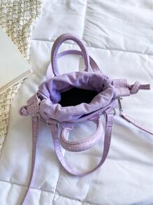 迷你鱷魚壓紋手提包字母細節雙把手 - 紫色 - 查看 6