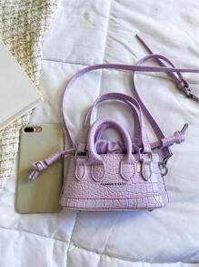 迷你鱷魚壓紋手提包字母細節雙把手 - 紫色 - 查看 4