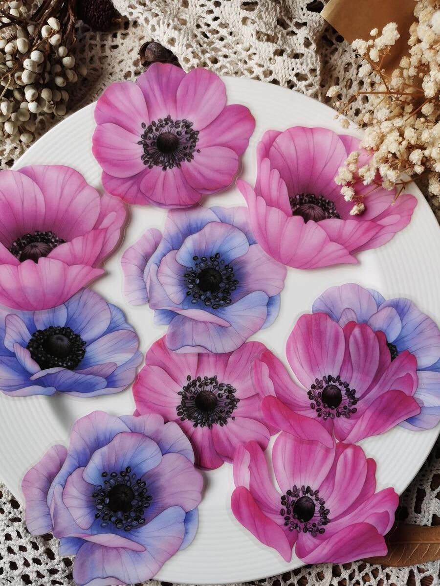 1pack/10pcs Ink Flower Pattern Pet Stickers For Journal Decoration - Multicolor - View 1