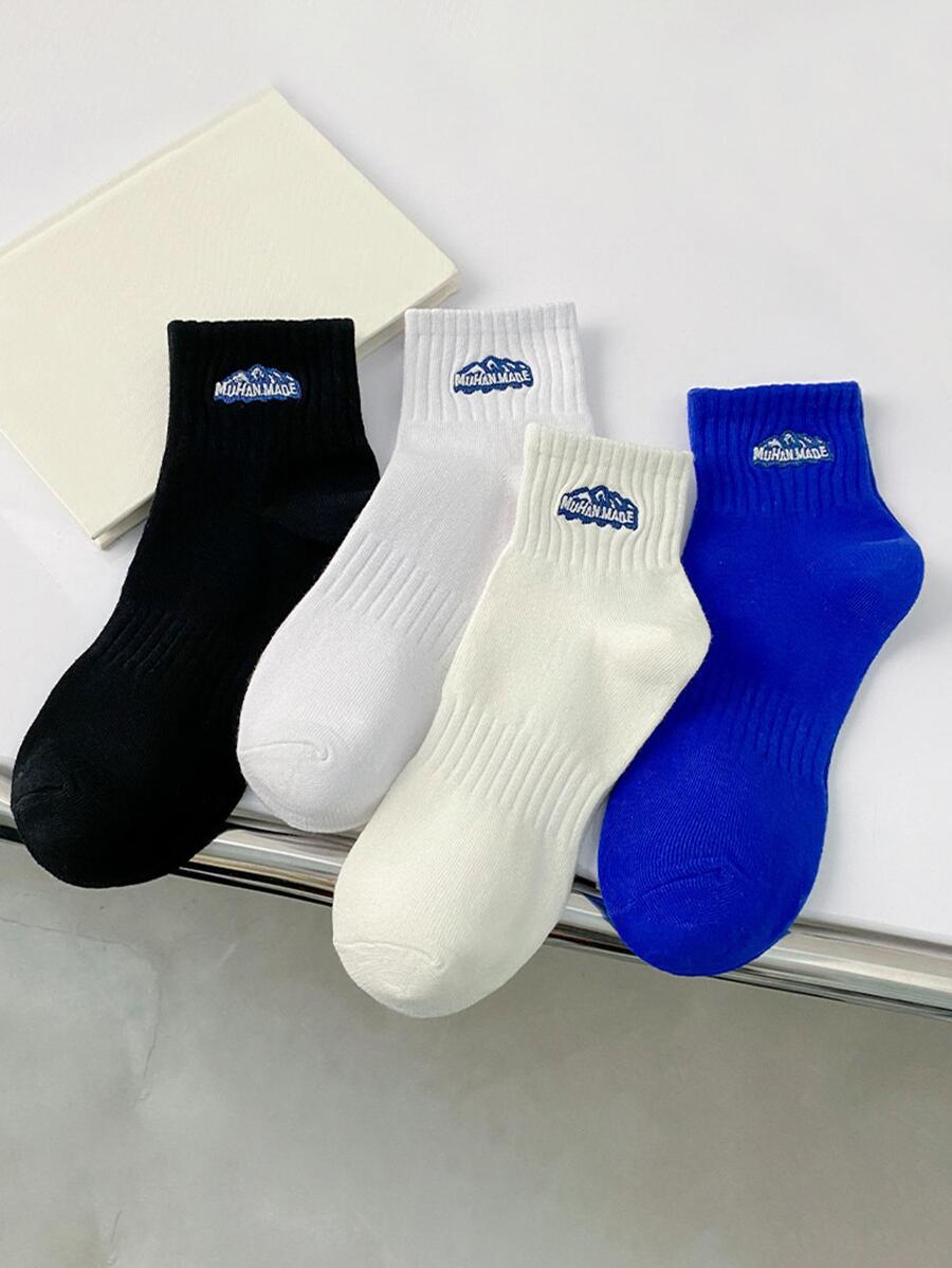 4pairs/set Ladies' Letter Design Blue & Black Short Socks For Spring And Summer - Multicolor - View 1