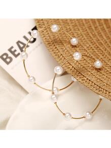 1 par de pendientes argolla grandes con perla, accesorios de joyería elegantes y de lujo coreanos para boda y fiesta