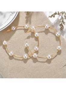 1 par de pendientes argolla grandes con perla, accesorios de joyería elegantes y de lujo coreanos para boda y fiesta