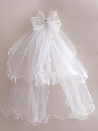 1入組女孩蝴蝶結和人造珍珠裝飾時尚頭紗適合派對