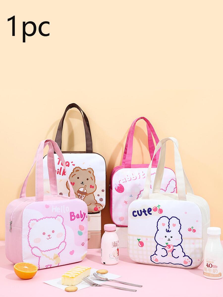 Cartoon Rabbit Pattern Lunch Bag, Large Capacity Tote Bag, Student Lunch Box Bag Insulated Lunch BagBack To School Lunch Kit School Stuff For School Lunch Box Bag Home Essentials Back To School Supplies - Hot Pink - View 1