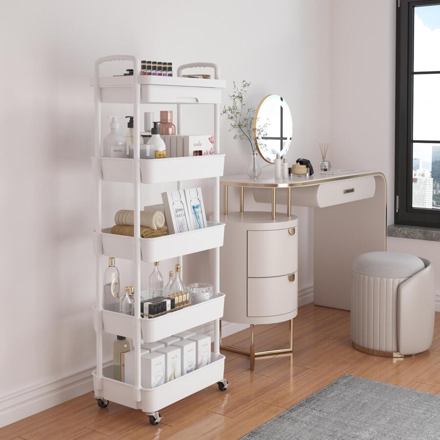 Multilayer Rolling Storage Cart with Drawer,Multifunctional Storage Organizer with Plastic Shelf & Metal Wheels,Storage Rack for Kitchen,Bathroom,Living Room,Office - 白色 - 查看 1