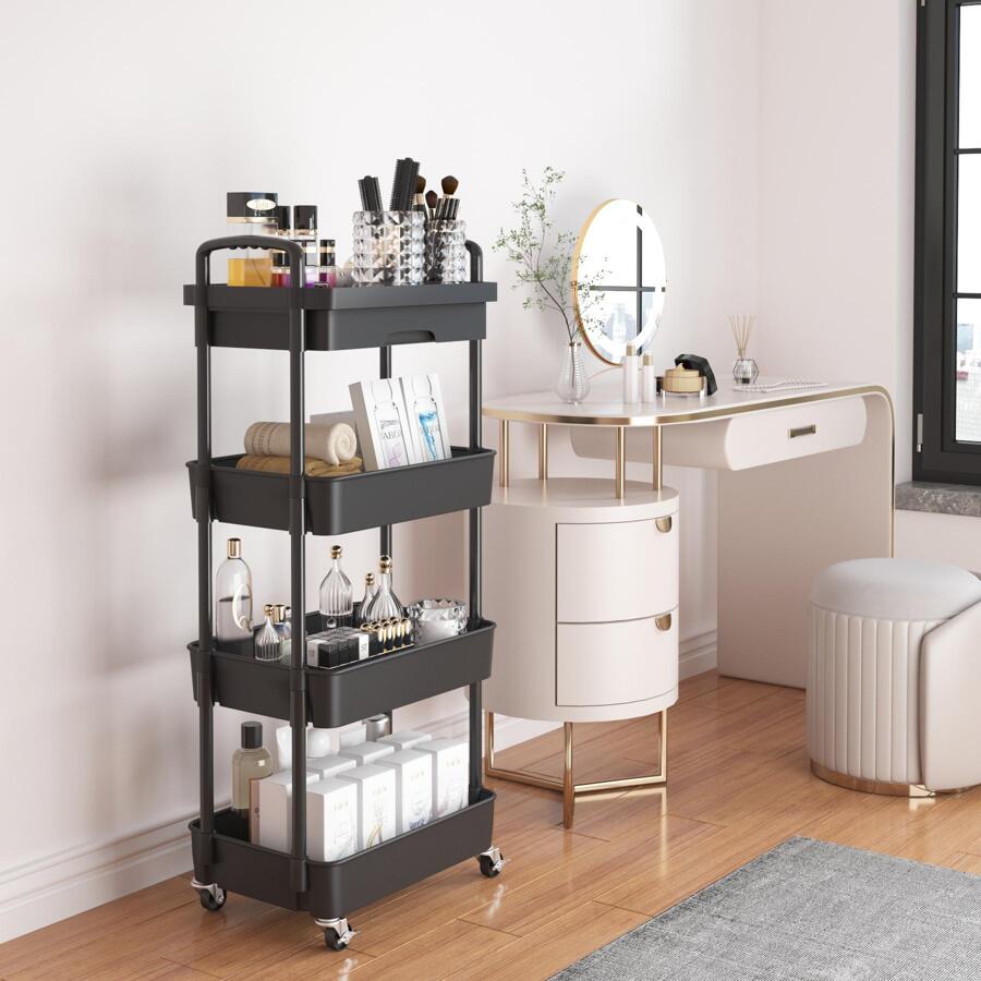 Multilayer Rolling Storage Cart with Drawer,Multifunctional Storage Organizer with Plastic Shelf & Metal Wheels,Storage Rack for Kitchen,Bathroom,Living Room,Office - màu đen - Xem 1