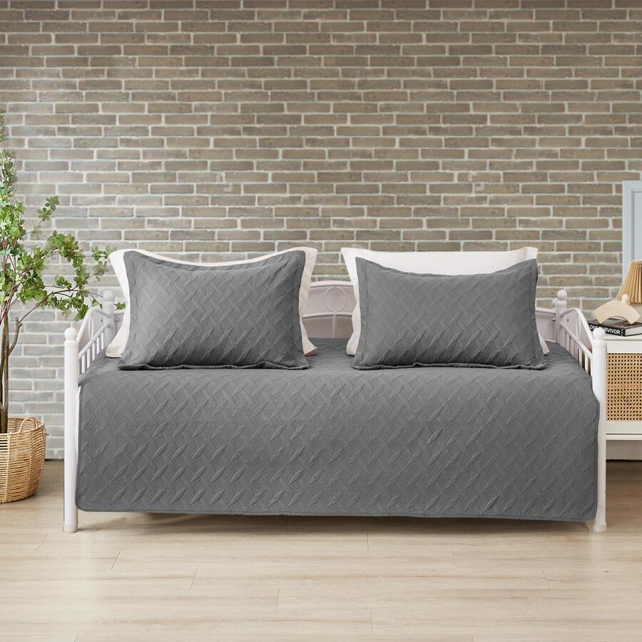 3 Piece Dark Grey Daybed Cover Set Twin Reversible Cozy Daybed Bedding Sets Double Sided Quilting Bedspread Coverlet Geometric Print Day Bed Cover All Season for Twin Bed with 2 Standard Shams,39"x75 - Dark Grey - View 1