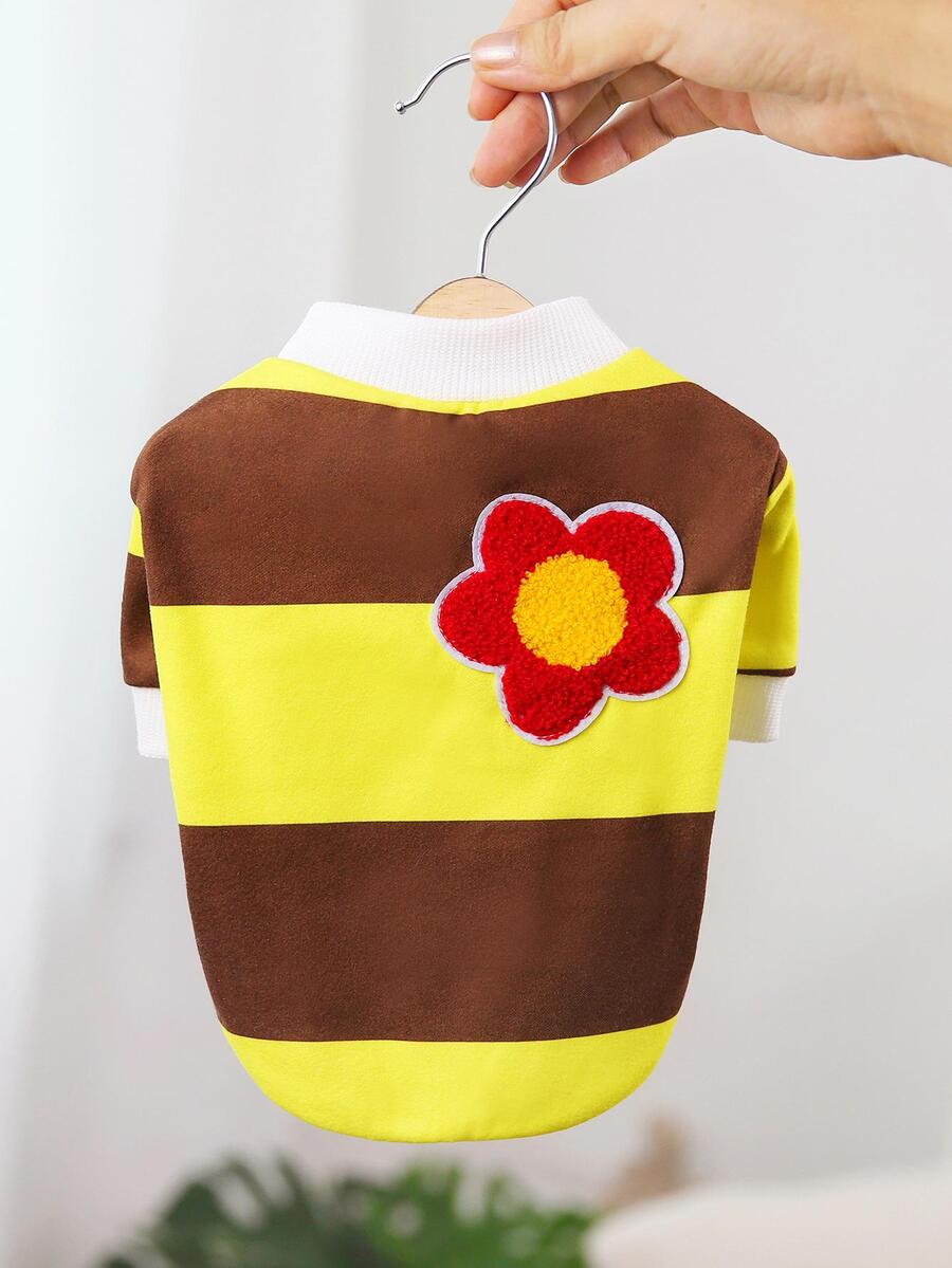 CHONGBAOBAO 寵物珊瑚絨毛衣，有花卉圖案和按扣，適用於貓狗泰迪吉娃娃等寵物服裝 - 黃色 - 查看 1