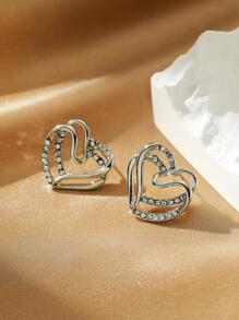 Aboocag 1pair Stainless Steel Double Layers Heart & Cubic Zirconia Stud Earrings Valentines,Mom,Mother,Mother's Day,Gift - Silver - View 4