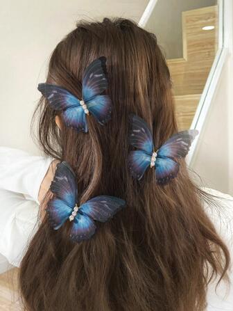 3pcs Blue Gradient Thin Chiffon Butterfly & Alligator Hair Clips Double Layered Hair Clip For Women, Vintage Style Faux Pearl Hair Accessory Boho Claw Clips Hair Claws Hair Barrettes, School Stuff, Pearl Hair Accessories