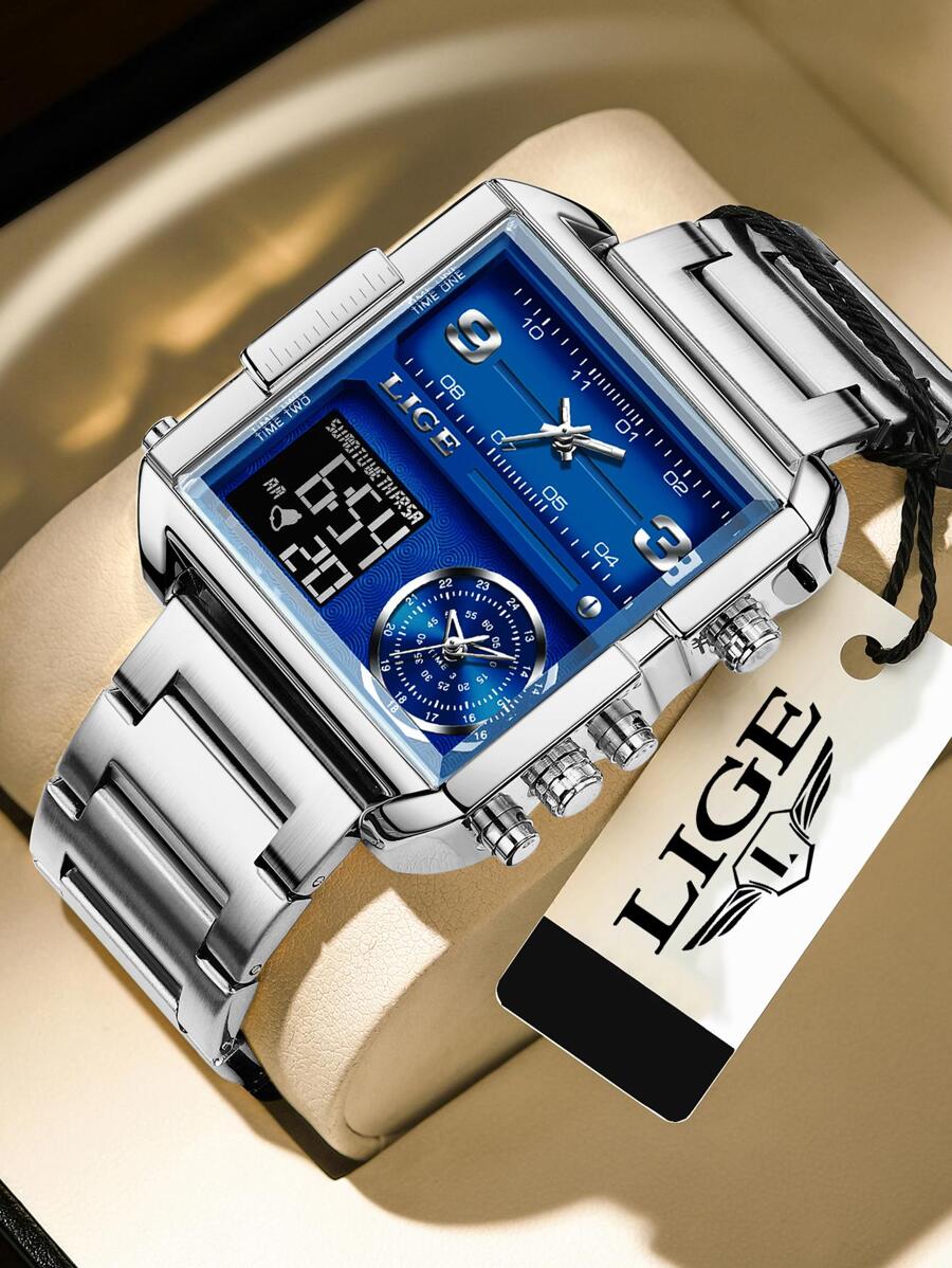 LIGE Hombres 1 pieza Reloj digital plata de acero inoxidable con tira negocio impermeable cuadrado esfera , para decoración diaria