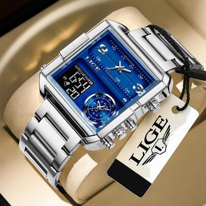 LIGE 1pc Men Silver Stainless Steel Strap Business Water Resistant Square Dial Digital Watch, For Daily Decoration