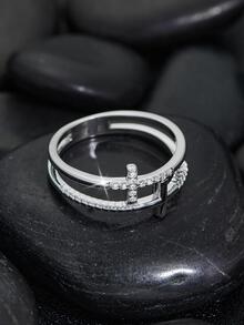 1入組時尚銅方晶鋯石十字架裝飾圓環適用於情侶適合情人節禮品 - 銀色 - 查看 2