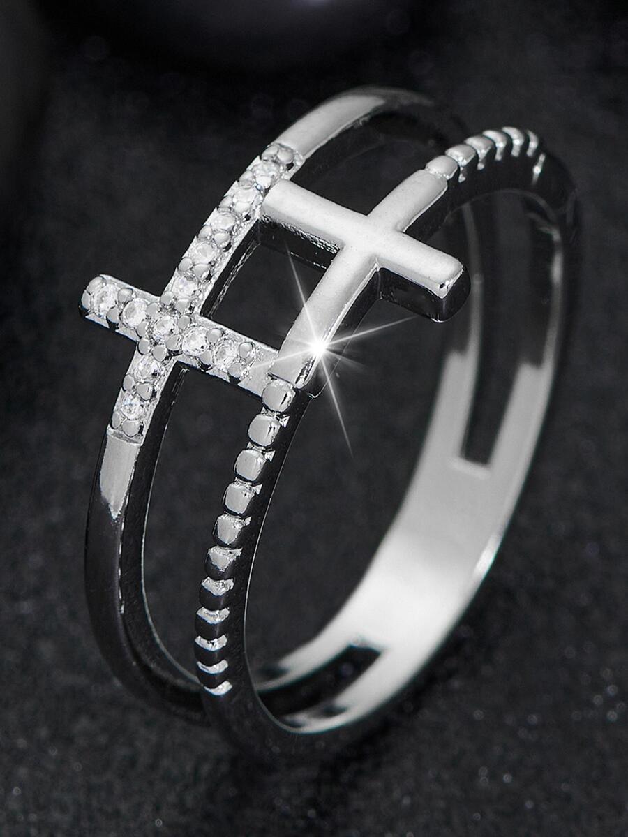 1入組時尚銅方晶鋯石十字架裝飾圓環適用於情侶適合情人節禮品 - 銀色 - 查看 1